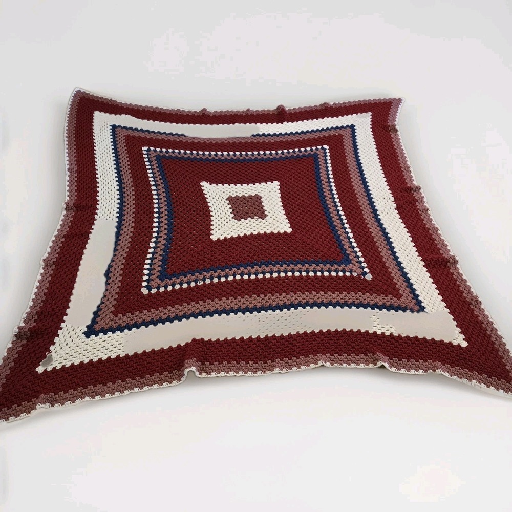 Large Granny Square Homemade Crochet Afghan  Blanket  75x75 Maroon,pink,blue